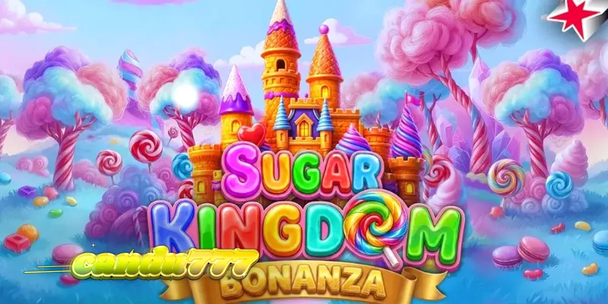 Tampilan layar slot Sugar Kingdom Bonanza dengan gulungan penuh permen dan latar belakang kastil gula